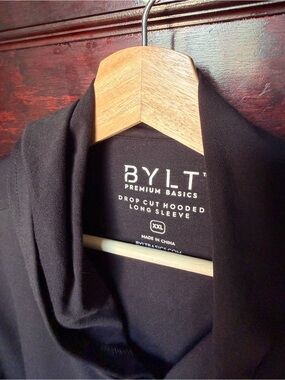 BYLT Basics Black Drop-Cut Hooded Long Sleeve Tee